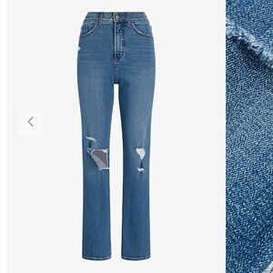 Super High Waisted Medium Wash Ripped Modern Straight Jeans Size 2R